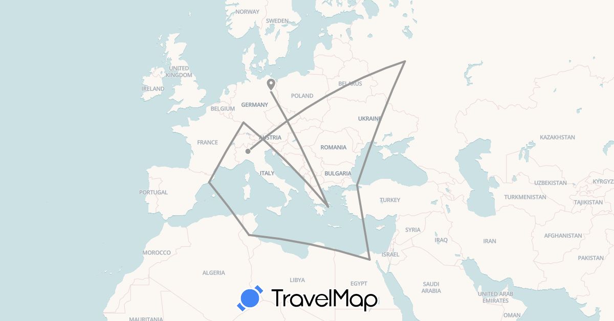 TravelMap itinerary: driving, plane in Germany, Egypt, Spain, Greece, Italy, Russia, Tunisia, Turkey (Africa, Asia, Europe)